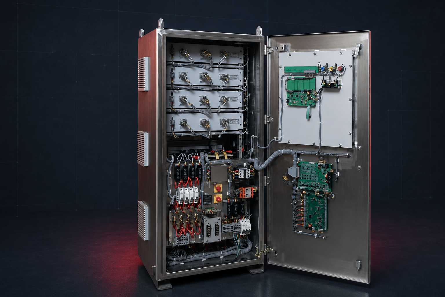Open low signature ICCP cabinet showing modular power and control cards