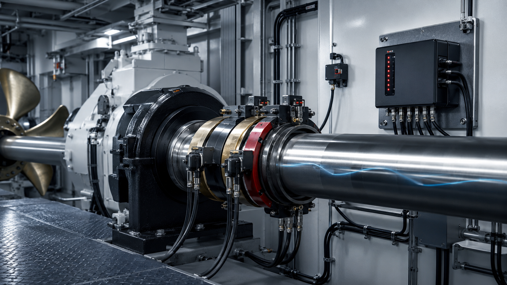 Propulsion shaft grounding assembly with slip rings, brushes, cabling and monitoring unit
