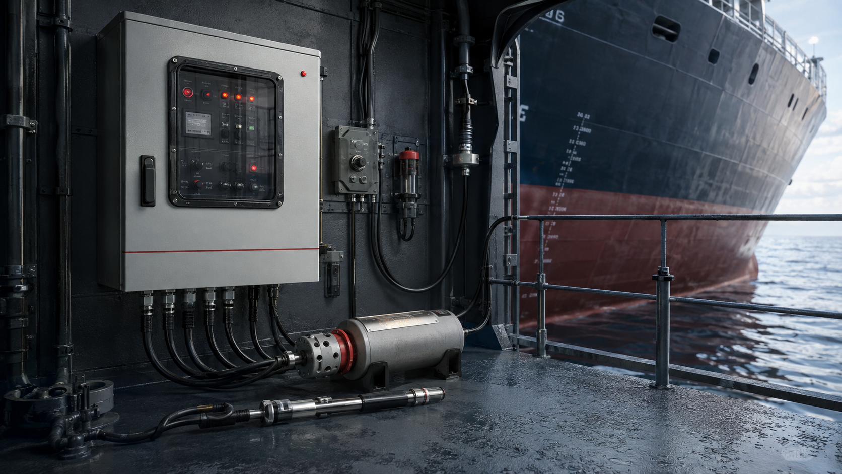Marine ICCP control cabinet and anode assemblies alongside a vessel hull