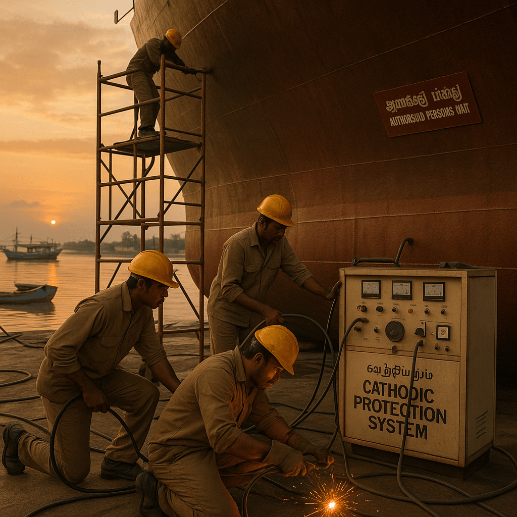 Engineers connecting a cathodic protection system power unit alongside a ship hull during installation and commissioning